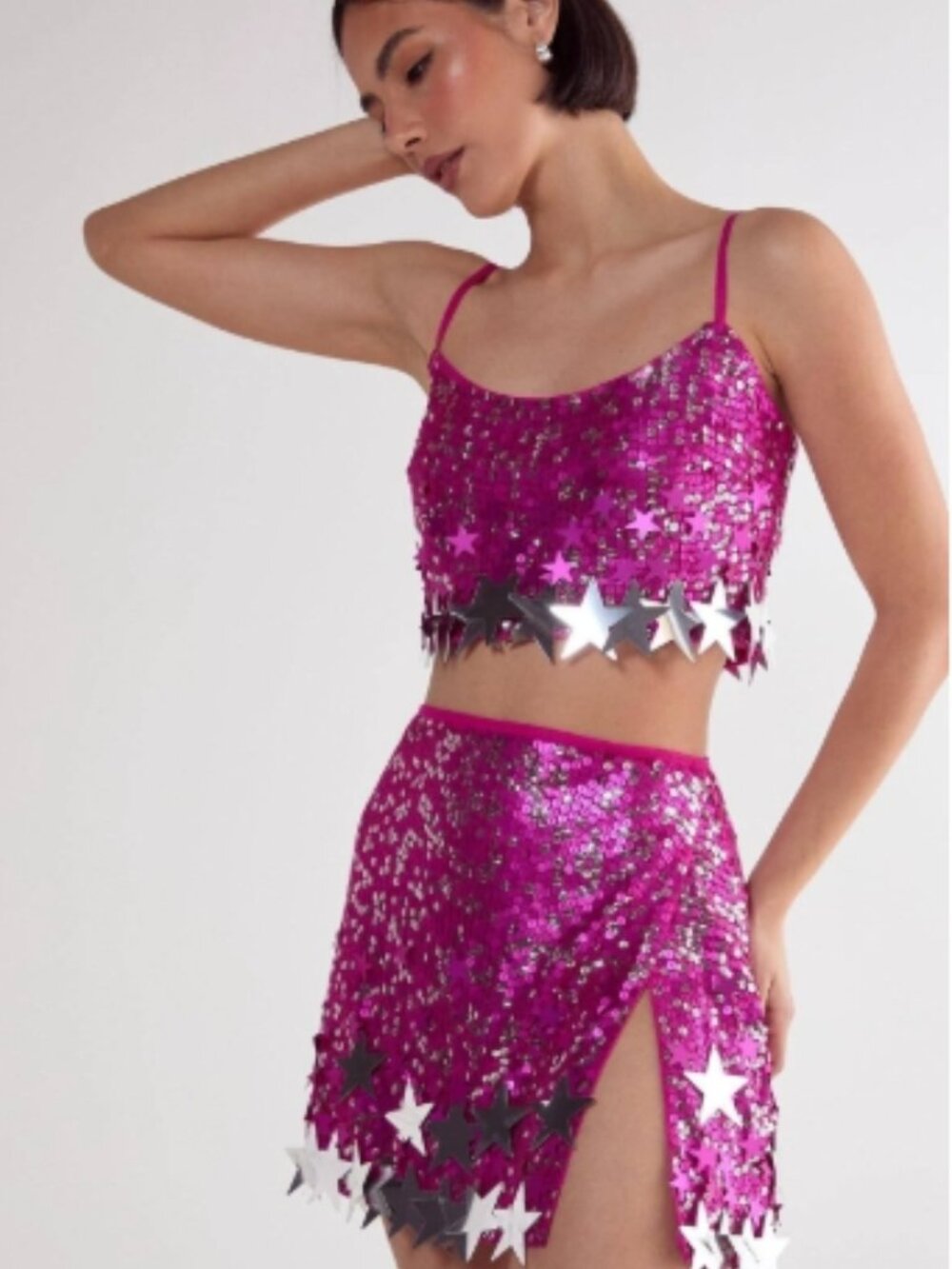 Nasty Gal Limited Embellished Star Trim Mini Skirt & Bralet Combo in Pink